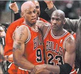  ?? Jeffrey Phelps The Associated Press file ?? Las Vegas oddsmakers like the 2017 Warriors over the 1996 Bulls of Dennis Rodman, left, and Michael Jordan as the NBA’S best all-time team.