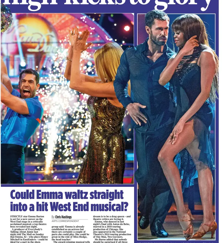  ??  ?? WE ARE THE CHAMPIONS: Kelvin and Oti lift the famous Glitterbal­l trophy after their victory as hosts Claudia Winkleman, far left, and Tess Daly cheer. Above: Dancing their victorious rumba in last night’s final