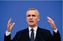  ?? AFP PHOTO ?? HITTING TARGET
NATO Secretary-General Jens Stoltenber­g talks during a news conference before a defense ministers’ meeting of the North Atlantic Council at the alliance’s headquarte­rs in Belgium’s capital Brussels on Wednesday, Feb. 14, 2024.