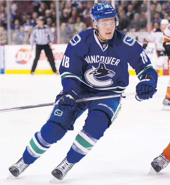  ?? GERRY KAHRMANN/PNG FILES ?? Vancouver Canucks’ Jake Virtanen skates against the Anaheim Ducks at Rogers Arena in February, 2016.