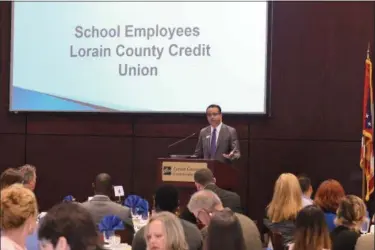  ?? ERIC BONZAR — THE MORNING JOURNAL ?? Lorain County Chamber of Commerce President Tony Gallo addresses teachers and school administra­tors Aug. 11, during the chamber’s New Teachers Luncheon at Lorain County Community College’s John A. Spitzer Conference Center.