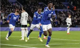  ?? Kearns/CameraSpor­t/Getty Images ?? Wilfred Ndidi celebrates after scoring the third Leicester goal. Photograph: Andrew