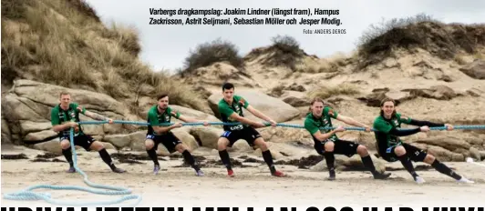  ?? Foto: ANDERS DEROS ?? Varbergs dragkampsl­ag: Joakim Lindner (längst fram), Hampus Zackrisson, Astrit Seljmani, Sebastian Möller och Jesper Modig.