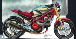  ??  ?? 1. Derrière Miguel, une de ses motos préférées, la Guzzi V7 III Racer. 2. Petit cours d’ingénierie et de design à main levée. (Photo Julia Lapalme) 3. L’un des projets autour de la Cagiva 1000 X-Raptor.
4. En 1991, la Ducati 900 Monster voit le jour sur la planche à dessin.