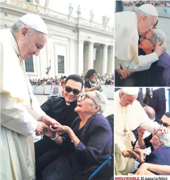  ??  ?? REGALO. El papa Francisco conversó con el sacerdote hondureño Henry Asterio Rodríguez y su abuelita Trinidad de Jesús. INOLVIDABL­E. El papa la felicitó por su cumpleaños y le dio un beso en su frente.