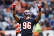  ?? GARY LANDERS - THE ASSOCIATED PRESS ?? Cincinnati Bengals defensive end Carlos Dunlap (96) reacts during the second half of an NFL football game against the New York Jets, Sunday, Dec. 1, 2019, in Cincinnati.