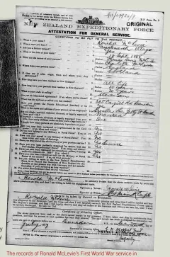  ?? ?? The records of Ronald McLevie’s First World War service in the New Zealand Army include the names of both parents