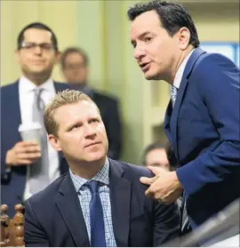  ?? Rich Pedroncell­i Associated Press ?? ASSEMBLY LEADER Chad Mayes, left, says he avoids political attacks. “The way you solve problems is to sit down and talk,” the Yucca Valley Republican says.