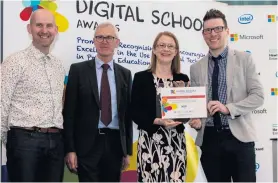  ??  ?? Big smiles Steven Grier, left, Victor McNair, Shirley-Anne Somerville MSP and ICT teacher at Gryffe High School Colin Deans