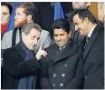  ??  ?? Nicolas Sarkozy at a PSG match with Qatar emir Tamim bin Hamad Al Thani, right