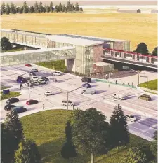  ?? CITY OF OTTAWA ?? An artist's rendering envisions where an LRT station would be built across from the Nepean Sportsplex, with a pedestrian bridge over Woodroffe Avenue.