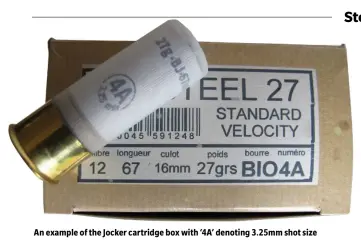  ?? ?? An example of the Jocker cartridge box with ‘4A’ denoting 3.25mm shot size