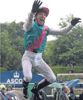 ?? Picture: PA. ?? Jockey Frankie Dettori jumps from Enable after winning the King George VI and Queen Elizabeth Stakes at Ascot on Saturday. The 5-4 favourite, trained by John Gosden, came home ahead of Ulysses in second and Idaho in third.