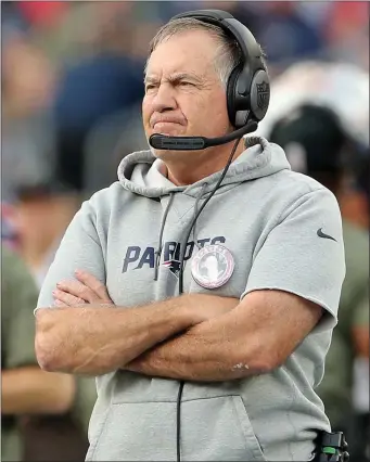  ?? MATT STONE — BOSTON HERALD ?? Patriots head coach Bill Belichick looks on during the second half of Sunday’s victory over the Indianapol­is Colts at Gillette Stadium in Foxboro.