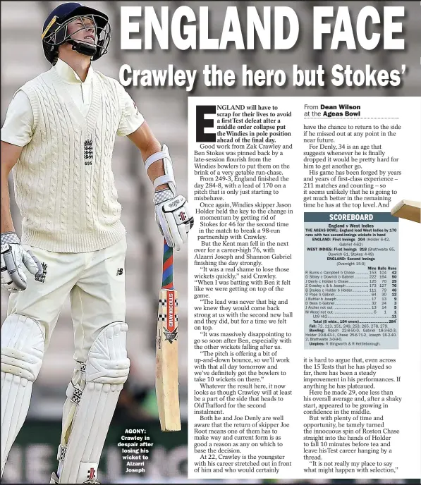  ??  ?? AGONY: Crawley in despair after losing his wicket to Alzarri Joseph