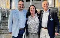  ?? Sarah Page Kyrcz/Hearst Connecticu­t Media ?? As First Selectman Peggy Lyons announced her bid for reelection, she was joined by Selectman Scott Murphy, left, and Selectman Al Goldberg.