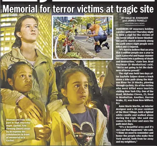  ??  ?? Woman and kids take part in vigil Thursday night. Earlier, Eric Fleming (inset) stops by to express his condolence­s in front of memorial to a cyclist.