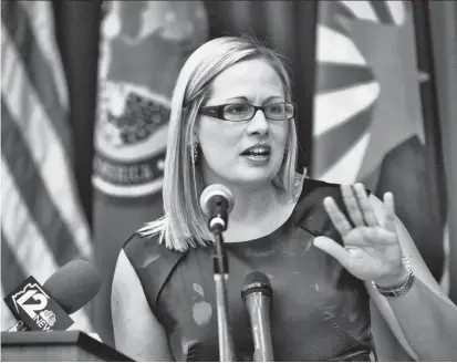  ?? CHARLIE LEIGHT/THE REPUBLIC ?? U.S. Rep. Kyrsten Sinema (above) voted for a bipartisan budget act in 2013, making Republican challenger Wendy Rogers’ claim that she has “not voted for a single budget” false. Rogers is trying to unseat Sinema in the Tempe-based 9th District.