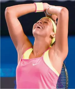  ?? — AFP ?? Madison Keys of the US celebrates her 6-4, 7-5 victory over the Czech Republic’s Petra Kvitova on Day Six of the Australian Open in Melbourne on Saturday.