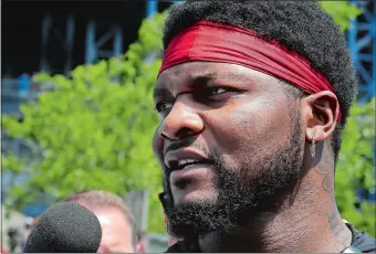  ?? STEVEN SENNE/AP PHOTO ?? Patriots linebacker Jamie Collins speaks with reporters following a practice sesssion on Thursday in Foxborough, Mass. Collins has re-joined the team after two-plus seasons with the Cleveland Browns.