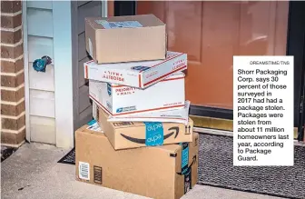  ?? DREAMSTIME/TNS ?? Shorr Packaging Corp. says 30 percent of those surveyed in 2017 had had a package stolen. Packages were stolen from about 11 million homeowners last year, according to Package Guard.