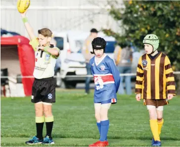  ??  ?? The junior league is not just for youngsters to learn the game but for budding umpires to also get a taste of the action, on Saturday 12 year-old Fletcher Pallot blew the whistle to kick off the Under 10 game between Warranor and Bunyip.