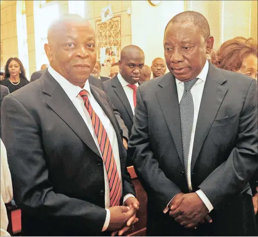  ?? PICTURE: SIYABULELA DUDA ?? MOURNED: Ronnie Mamoepa, spokesman for Cyril Ramaphosa, with the deputy president at the funeral service of Mamoepa’s mother, Helen Malefeu Mamoepa, at the ELCSA Masipa Congregati­on in Attridgevi­lle, Tshwane in October 2014. Mamoepa died on Saturday...