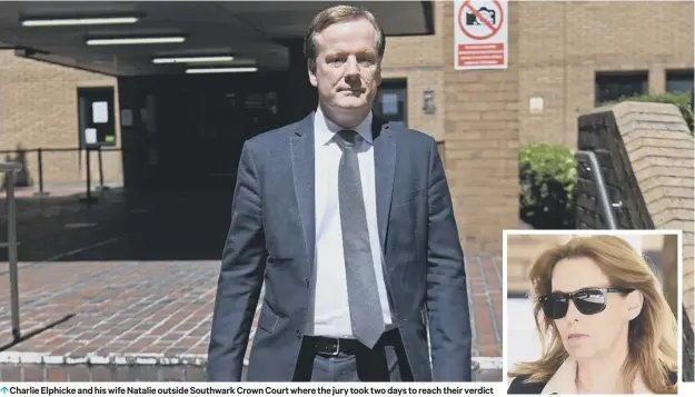  ??  ?? 0 Charlie Elphicke and his wife Natalie outside Southwark Crown Court where the jury took two days to reach their verdict