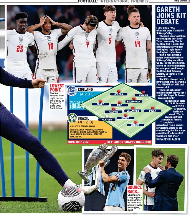  ?? ?? LOWEST POINT...
Stones, second from right, faces the agony of England’s Euro 2020 final defeat