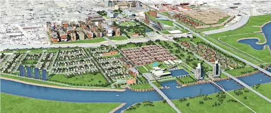  ?? [DRAWING PROVIDED BY THE GREATER OKLAHOMA CITY CHAMBER OF COMMERCE] ?? Very little of this rendering created as part of the Core to Shore task force study a decade ago has much connection to the real transforma­tion now underway in the area south of downtown.