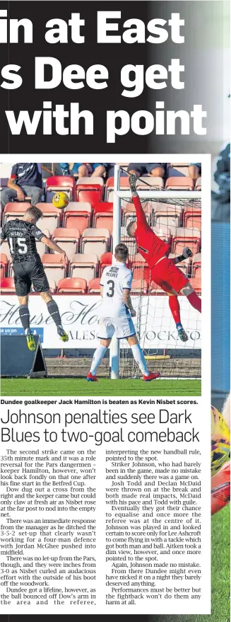  ??  ?? Dundee goalkeeper Jack Hamilton is beaten as Kevin Nisbet scores.