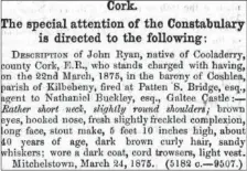  ??  ?? An entry from ‘Hue-And-Cry’, the RIC’s Victorian era forerunner to the Garda Pulse system, dated Tuesday, November 20, 1877.