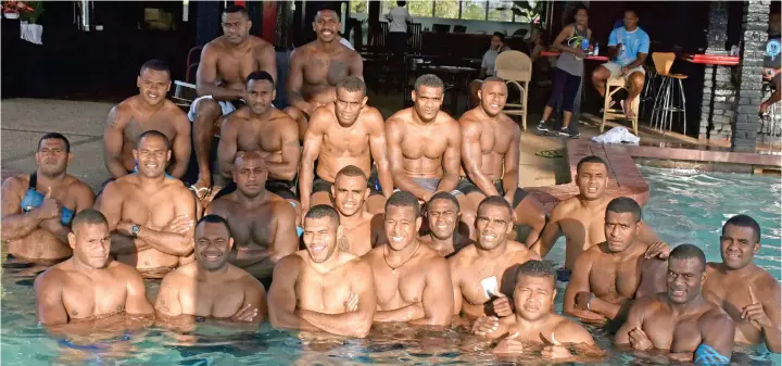  ??  ?? Fiji Airways Drua rugby team during their pool session at the Tokatoka Resort in Nadi on September 25, 2017. They fly out to Sydney, Australia today face Canberra Vikings in round five of the Australia National Rugby Championsh­ip (NRC) on Friday at...