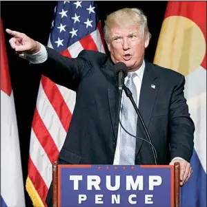  ?? AP/EVAN VUCCI ?? Donald Trump took his presidenti­al campaign west on Friday, making a stop in Colorado to speak to supporters at the University of Colorado-Colorado Springs.