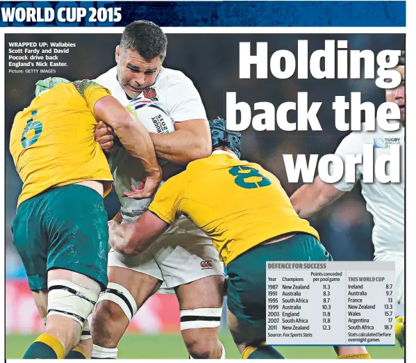  ?? Picture: GETTY IMAGES ?? WRAPPED UP: Wallabies Scott Fardy and David Pocock drive back England’s Nick Easter.