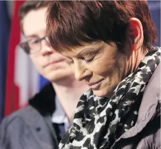  ?? JIM WELLS ?? Cody Duperre, left, and Sherry Duperre, Trevor Lomond’s brother and mother, speak to media at police headquarte­rs on Friday. Lomond was the victim in what is now deemed a homicide, which occurred last Sept. 13, at a house in the 1600 block of 42 Street...