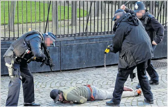  ??  ?? Armed policeman stands over the intruder in New Palace Yard yesterday. A second officer has deployed his Taser while a third brandishes a baton