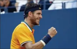  ?? CAROLYN KASTER — THE ASSOCIATED PRESS ?? Juan Martin del Potro, of Argentina, reacts after breaking the serve of John Isner during the quarterfin­als of the U.S. Open tennis tournament, Tuesday in New York.