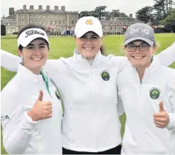  ?? PAT CASHMAN ?? Thumbs up: The Irish ladies team of Paula Grant, Olivia Mehaffey and Annabel Wilson in high spirits ahead of the 2018 World Amateur Team Championsh­ip at Carton House Golf Resort in Kildare