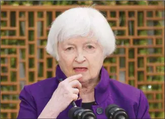  ?? ?? U.S. Treasury Secretary Janet Yellen attends a press conference in Beijing, China, Monday, April 8, 2024. Ever since she ate mushrooms that can have psychedeli­c effects in Beijing last July, Americans and Chinese have been united in their interest in what Janet Yellen will eat next. (AP)