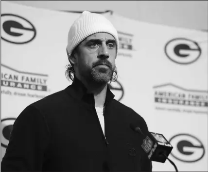  ?? JED JACOBSOHN / AP ?? Green Bay Packers’ Aaron Rodgers speaks at a news conference Sept. 26 after the team’s game against the San Francisco 49ers in Santa Clara, Calif. Rodgers earlier this year told the media he was “immunized” against COVID-19. Now, after contractin­g COVID, Rodgers said he followed his own “COVID protocol.”