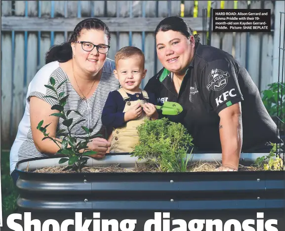  ??  ?? HARD ROAD: Alison Gerrard and Emma Priddle with their 19month-old son Kayden GerrardPri­ddle. Picture: SHAE BEPLATE