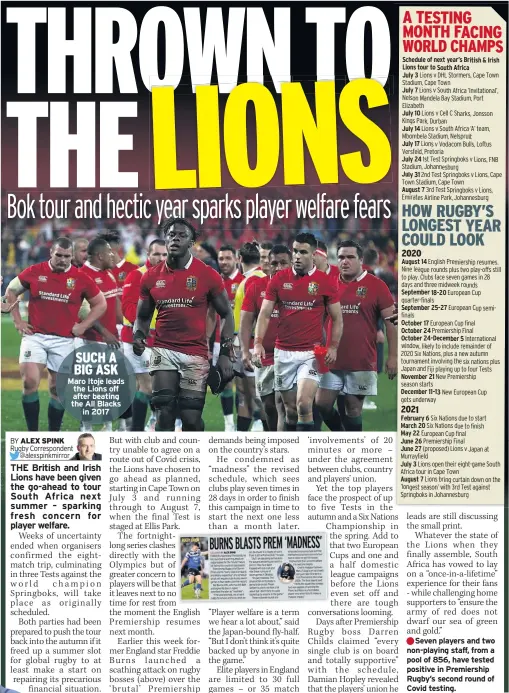  ??  ?? Maro Itoje leads the Lions off after beating the All Blacks in 2017
Seven players and two non-playing staff, from a pool of 856, have tested positive in Premiershi­p Rugby’s second round of Covid testing.
