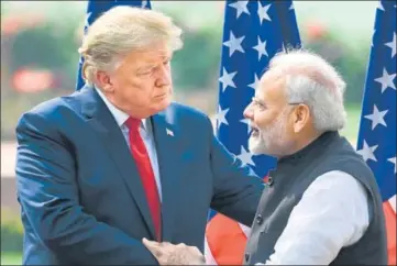  ?? AFP ?? US President Donald Trump with PM Narendra Modi at the joint press briefing at Hyderabad House in New Delhi on Tuesday.