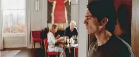  ?? Apple TV+/TNS ?? Max (Sebastian Stan) listens in on a conversati­on between Madeline (Julianne Moore) and Richard (John Lithgow) in a scene from “Sharper.”