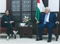  ?? (Courtesy) ?? MERETZ LEADER Zehava Gal-On and Palestinia­n Authority President Mahmoud Abbas meet yesterday in Abbas’s office in Ramallah.