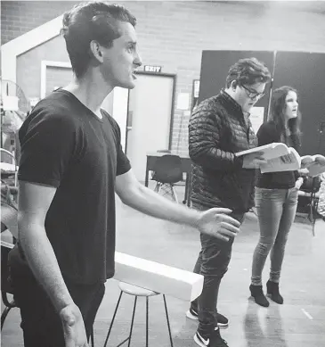  ??  ?? Undertakin­g rehearsals for rockpop musical “tick, tick…BOOM!” are the talented cast (from left) Bayne Bradshaw, Liam Charleston and Michaela Philip of Off the Leash Theatre Company.