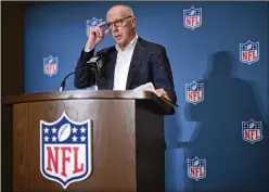  ?? PHELAN M. EBENHACK/AP ?? Falcons CEO and NFL Competitio­n Committee chairman Rich McKay explains the rules changes to reporters Monday — including the banning of the hip-drop tackle — at the NFL owners meetings in Orlando, Florida.