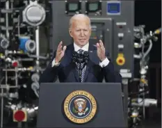  ?? AP file photo ?? President Joe Biden speaks after a tour of a Pfizer manufactur­ing site in Portage, Mich., on Friday.