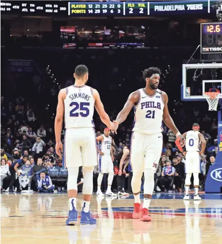  ?? NBAE VIA GETTY IMAGES ?? Ben Simmons (25) and Joel Embiid (21) of the 76ers high-five during a game last week.